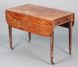 A Victorian bleached mahogany Pembroke table fitted a drawer with turned handles, raised on spiral turned supports, brass caps and casters 71cm h x 97cm w x 52cm d  (a/f)