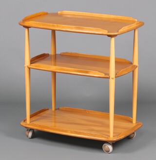 Ercol, a light elm and beech 3 tier tea trolley 78cm h x 71cm w x 45cm d 