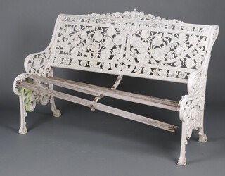In the manner of Coalbrookdale, an aluminium, nasturtium pattern garden bench ??? h x 132cm w x 48cm d (some wooden slats missing, some damaged, requires attention overall) 