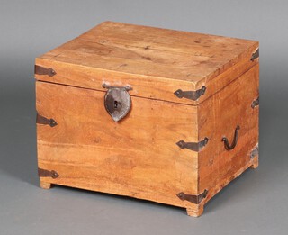 A rectangular Eastern hardwood and metal bound wine box with hinged lid and pressed metal drop handles 35cm h x 45cm w x 38cm d (water and contact marks in places)