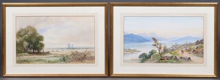 John, 19th Century watercolour, rural study with cattle 29cm x 49cm and 1 other of a lake scene 29cm x 49cm 