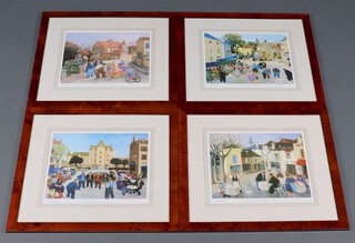 Margaret Loxton, 4 limited edition coloured prints "Burgundy Villages - Town Square, Market Day, Boules and Cafe" 25cm x 32cm, all in walnut finished frames 