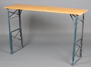 A pine and metal folding garden table 103cm h x 166cm x 50cm d 