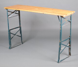 A pine and metal folding garden table (slight damage to the top) 103cm h x 166cm x 50cm d