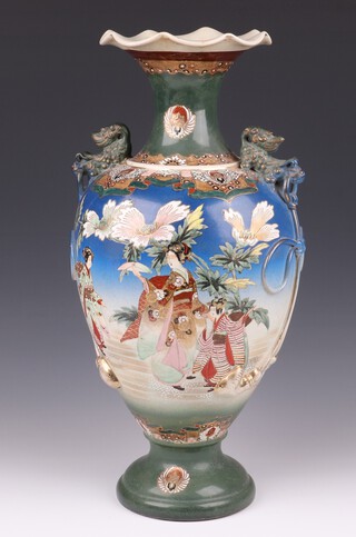 A 19th Century Japanese Satsuma blue glazed and floral patterned twin handled vase with dragon handles, 53cm (2 cracks to the top)