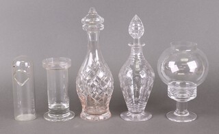 A Mama bird snack beaker 19cm, 2 cut glass decanters and 2 glass candle holders 