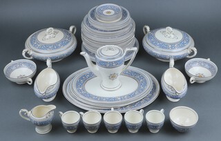 A Myott, Medici pattern, 54 piece dinner/tea and coffee service comprising 2 twin handled tureens and covers, 4 graduated meat plates, 3 dinner plates (1 cracked), 2 sauce boats, 12 side plates, 4 soup bowls (1 cracked), 5 tea plates (1 chipped, 1 cracked), 6 large saucers, 2 twin handled soup bowls, coffee pot, sugar bowl (chipped), cream jug, 5 coffee cups and 6 saucers (all with crazing)  