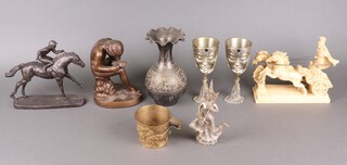 After the antique, a bronze figure of Spinario 22cm, a Thai metal figure of a musician 20cm, a pair of Royal Stelangor Lord of The Rings pewter goblets, a bronzed figure of a race horse with jockey (tail f) and other decorative items 