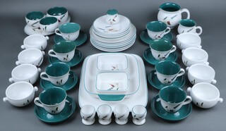 A 49 piece Denby Wheatsheaf pattern dinner service comprising twin handled casserole dish, 2 square dishes, 3 bowls, oval platter, large jug (chip), small jug, mustard pot, 4 egg cups (1 chipped), 6 dinner plates (contact marks), 4 tea plates, 6 soup dishes, 2 large saucers and 6 cups and saucers etc