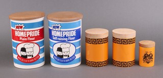 A pair of Royal Crown Derby Home Pride pottery flour bins with wooden tops 20cm, 2 Portmeirion Grecian key pattern kitchen storage jars 14cm and 1 other 10cm 