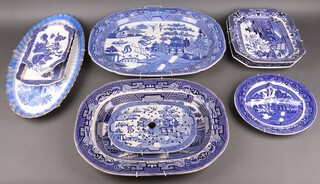 Three oval blue and white Willow pattern meat plates, 2 sandwich plates, segmented plate and 2 lozenge shaped plates 