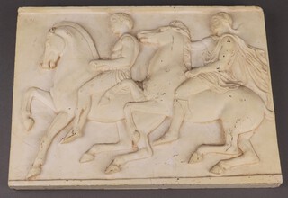 After the antique, a Parthenon style plaster frieze of 2 figures on horseback 28cm h x 37cm w (slight chip to top) 