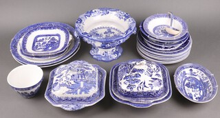 Two blue and white Willow pattern twin handled tureens and covers (cracked) and  a Masons twin handled tureen (cracked)