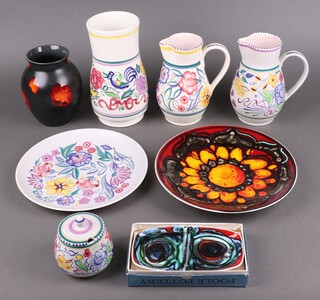 A Poole Pottery Galaxy vase 16cm, a Delphis Poole Pottery bowl 17cm (boxed), 2 jugs, ditto vase, preserve jar and 2 plates