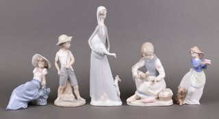 Five Nao figures - lady with goose, lady with slipper, lady with bird, girl with cake and figure of a boy 