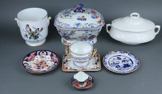 A twin handled porcelain jardiniere decorated birds 19cm, an ironstone Imari pattern twin handled tureen and cover (cracked), a Hunt Club white glazed tureen and cover and a small collection of ceramics  