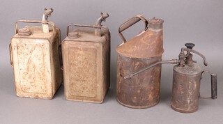 A Valor pressed metal paraffin can, 1 other, a British Railways fuel can and a herbicider 