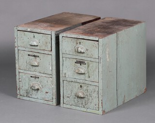 A pair of industrial style grey painted pine chests of 3 drawers 46cm h x 30cm w x 55cm d 