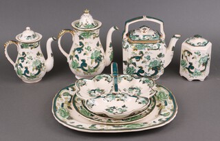 A Masons Chartreuse pattern meat plate, 3 section dish, 2 plates, kettle, 2 coffee pots and an octagonal jar and cover 