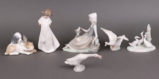 A Lladro figure - Shepherdess with Dover 4660 (hand a/f), 2 figures of geese and 3 Nao figures of a girl, geese and 2 puppies 