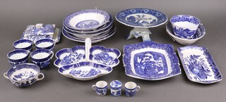 A blue and white Willow pattern sardine dish, cover and stand, 3 section dish and other items of Willow pattern table ware 