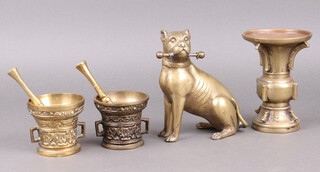 Two twin handled mortars and pestles 7cm, Japanese vase 15cm, Japanese figure of a seated dog 17cm 