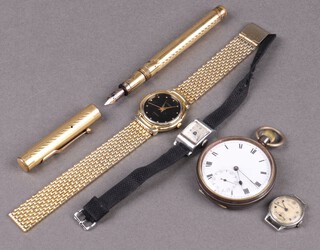 An Oyma open faced pocket watch  contained in a gun metal case, a lady's Vertex wristwatch, an Oris wristwatch, 1 other and a cased gilt fountain pen