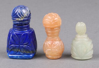 A carved blue hardstone snuff bottle 5cm (lid stuck), a green hardstone snuff bottle 3cm and 1 other 4cm 