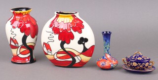 A Clarice Cliff style moon shaped vase 14cm,  baluster shaped ditto 14cm, a Moorcroft style poppy patterned vase 10cm and a miniature tureen and cover 