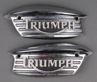 Two Triumph Motorcycle petrol tank plates 20cm, reverse marked Triumph 3900340 