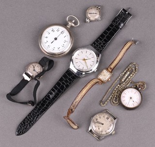 A pedometer with enamelled dial contained in a stainless steel case, lady's fob watch hung a chain, a Des wristwatch and other watches 