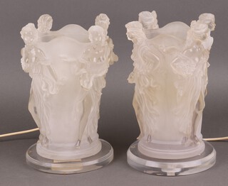 A pair of Lalique style perspex table lamps decorated standing ladies 29cm h 