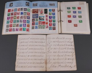 A ring bound album of used world stamps 1891-1980, a Trusty world stamp album and a Victorian exercise book 