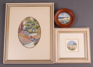 A 1930's woolwork picture of a garden 13cm x 9cm,, 1 other field of grain 14cm and 1 other 5cm diam. 