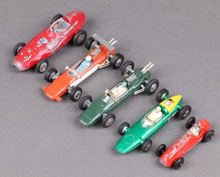 A collection of play worn Corgi and Dinky racing cars to including Corgi Van Wall 150, a Dinky BRM 243, a Lesney Maserati no.52 and Corgi Lotus Climax 155 (x2) 