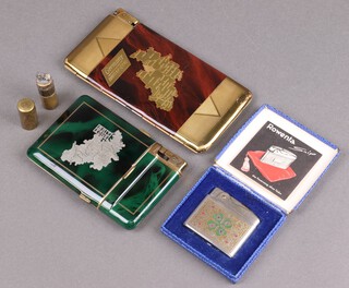 A 1950's gilt metal cigarette case incorporating a lighter, a Rowenta lighter boxed, a gilt and green cigarette case with lighter and decorated a map of the British zone of occupied Germany, 1 other lighter 
