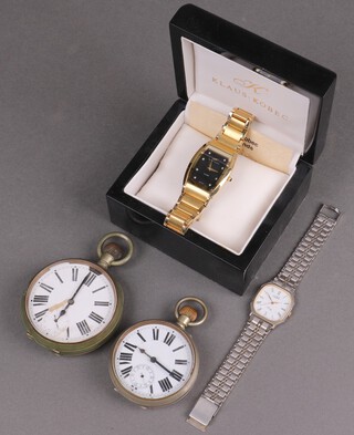 A Goliath pocket watch with enamelled dial contained in a gun metal case (a/f), 1 other and 2 wristwatches 