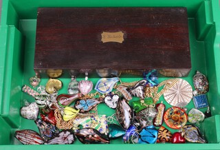 A 19th Century rectangular rosewood box with hinged lid together with a collection of Murano and other glass pendants, some with silver mounts 