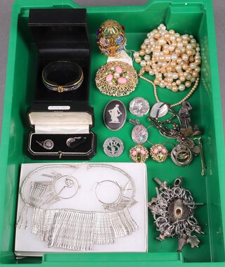 A pair of pierced circular silver cufflinks, Michel Frey gilt and enamelled brooch and other items of costume jewellery 