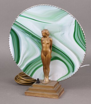 An Art Deco style gilt metal table lamp in the form of a standing lady with later marbled glass back 33cm 