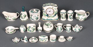 A Masons Chartreuse pattern timepiece, ditto salt and pepper, miniature teapot, chamber stick and other miniature items 