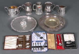 A circular silver plated salver, ditto tray, 6 cased silver plated teaspoons and tongs, cased pastry slice and pastry forks  and other items of silver plate 