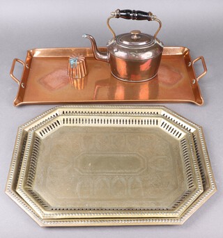 A 19th Century copper jelly/ice cream mould 6cm, 19th Century copper kettle, twin handled tea tray, 2 lozenge shaped trays 
