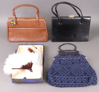 A lady's Weymouth American handbag, a Peedex handbag, 2 other handbags and a fan 