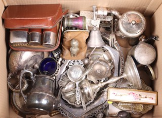 Two pairs of opera glasses, a gilt metal 3 piece dressing table set and a quantity of silver plated items 