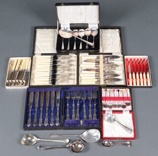 A set of 6 silver plated bean end coffee spoons, 6 fruit spoons and servers, 3 sets of fish knives and forks all cased and a collection of other silver plated flatware 