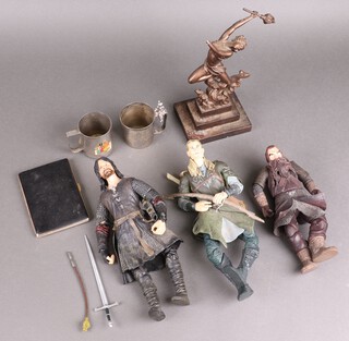 An Art Deco style bronzed figure of "The Torch Dancer" (a/f), and 3 Lord of The Rings figures