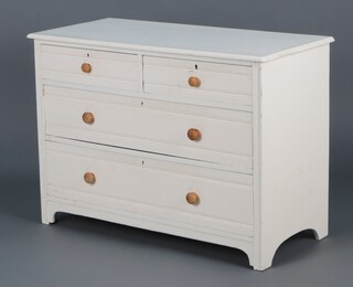 A 19th Century white painted pine chest of 2 short and 2 long drawers with turned handles, raised on bracket feet 76h x 107w x 49d 