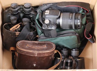 Cameras - a Canon 500D SLR camera with 18-200mm lens (battery but no charger) and 3 pairs of binoculars by Prinzlux, Ross and Stereo Megaphos 