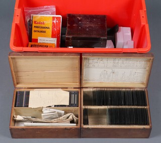 A collection of mid to early 20th Century photographic plates and developing equipment, 1 box marked Norway 1911 featuring Norwegian scenes and landscape, another from the 1950's a collection of wildlife and nature 